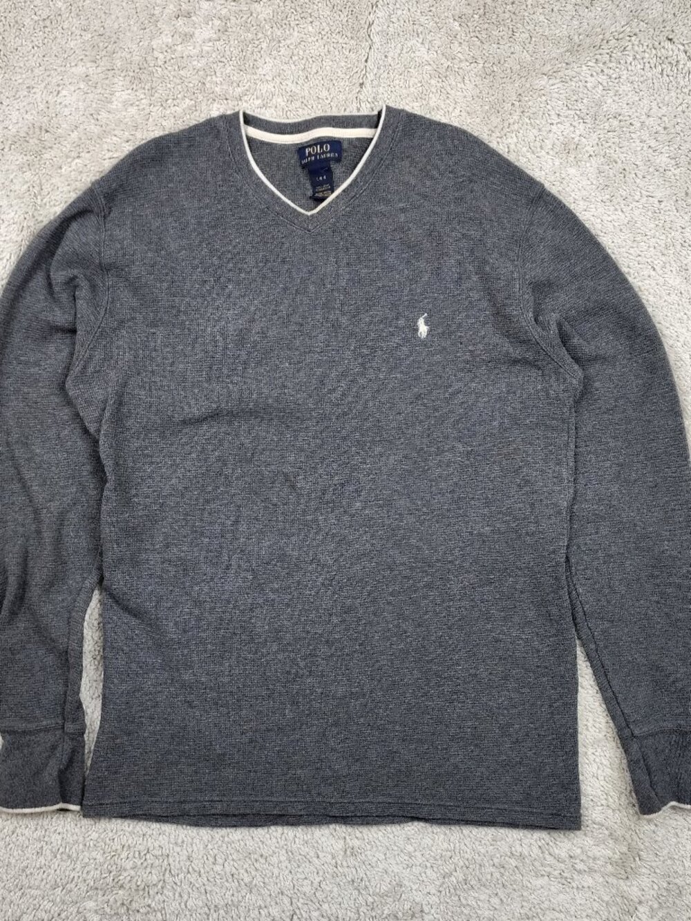 Polo Ralph Lauren Gray Cotton V Neck Sweater Pullover Sz Large L/G Gray Pony USA